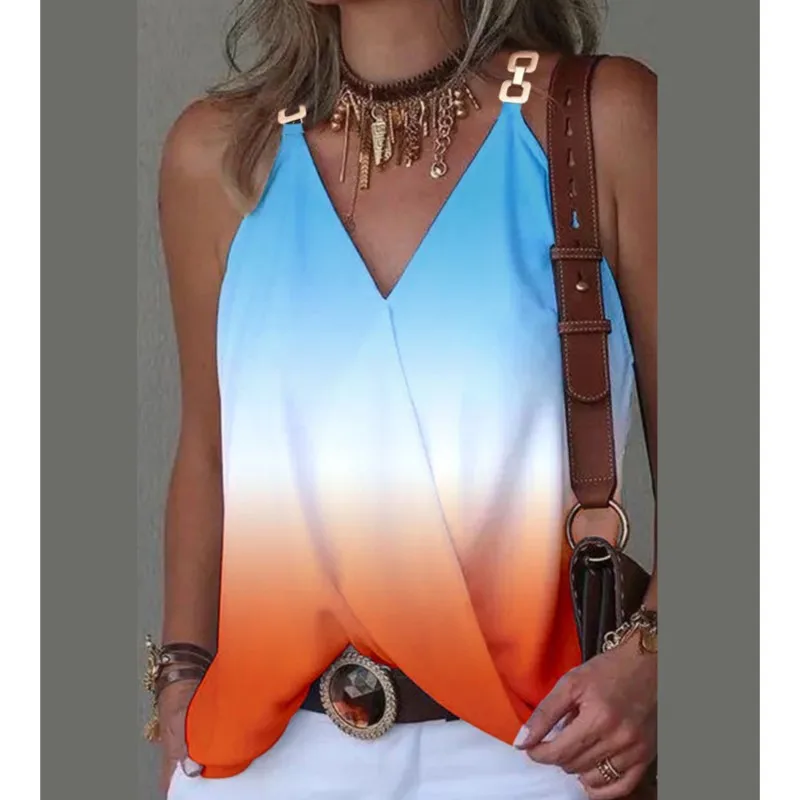 2024 verão com decote em v fivela de metal listrado impresso regata para mulher solta sem mangas pulôver blusa femme blusas mujer - Imagem 5