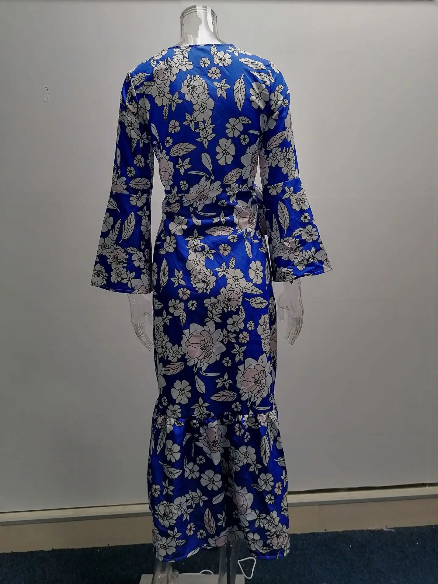 Novo outono inverno manga comprida amarrado com decote em v suspender costura impresso elegante e confortável vestido de fenda para mulher - Imagem 19