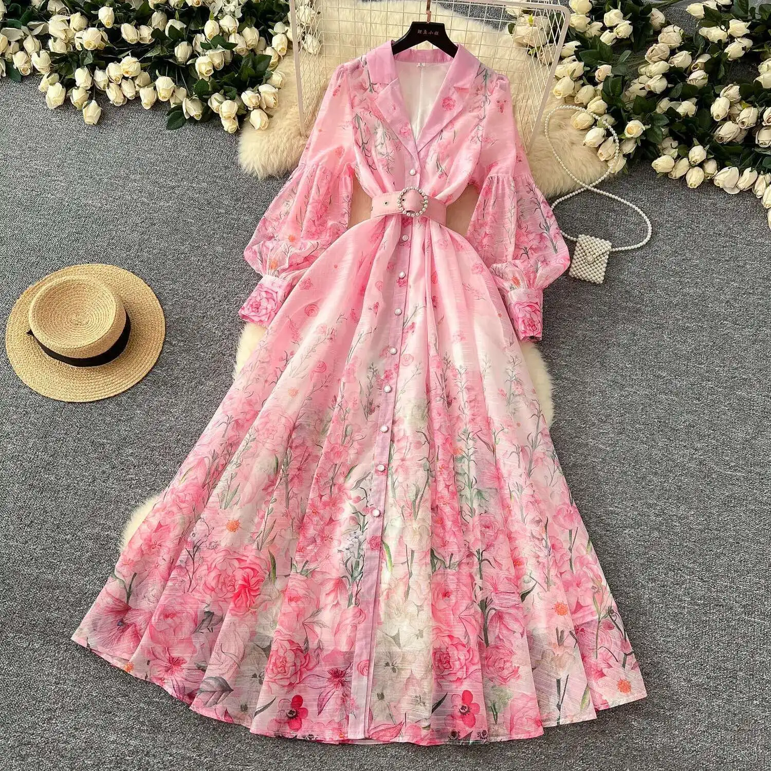 Palácio floral maxi vestido feminino verão férias vestidos longos camisa 2025 primavera manga cheia único breasted pérolas festa vestidos - Imagem 37