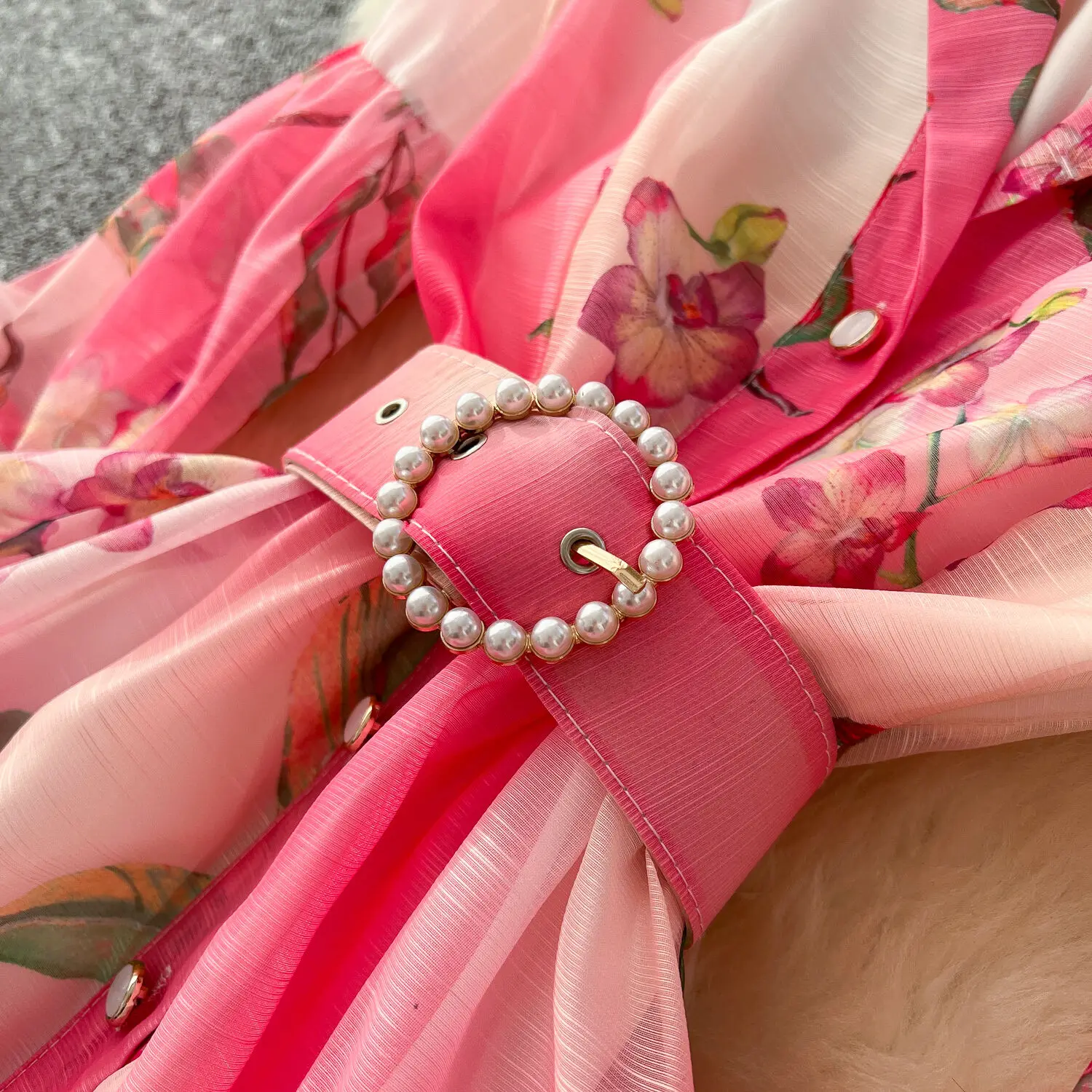 Palácio floral maxi vestido feminino verão férias vestidos longos camisa 2025 primavera manga cheia único breasted pérolas festa vestidos - Imagem 6