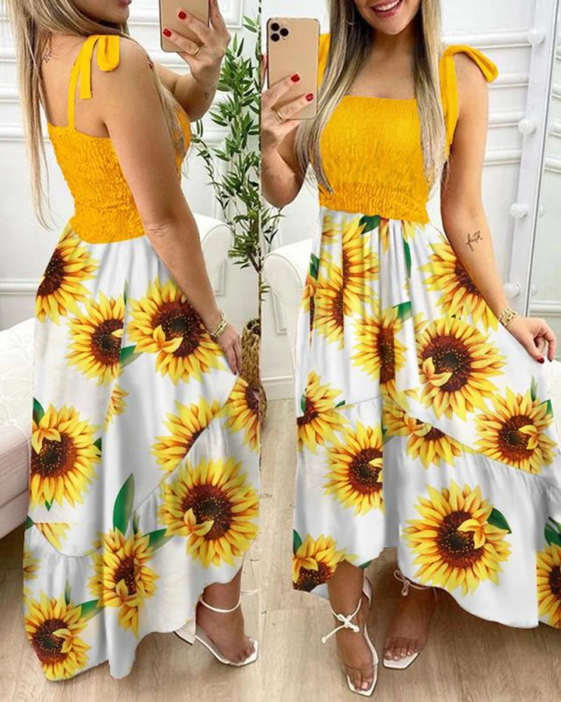 Verão sexy cinta de espaguete floral impressão maxi vestido para mulheres casual elegante peito envoltório longo mulher vestido de praia férias - Imagem 4