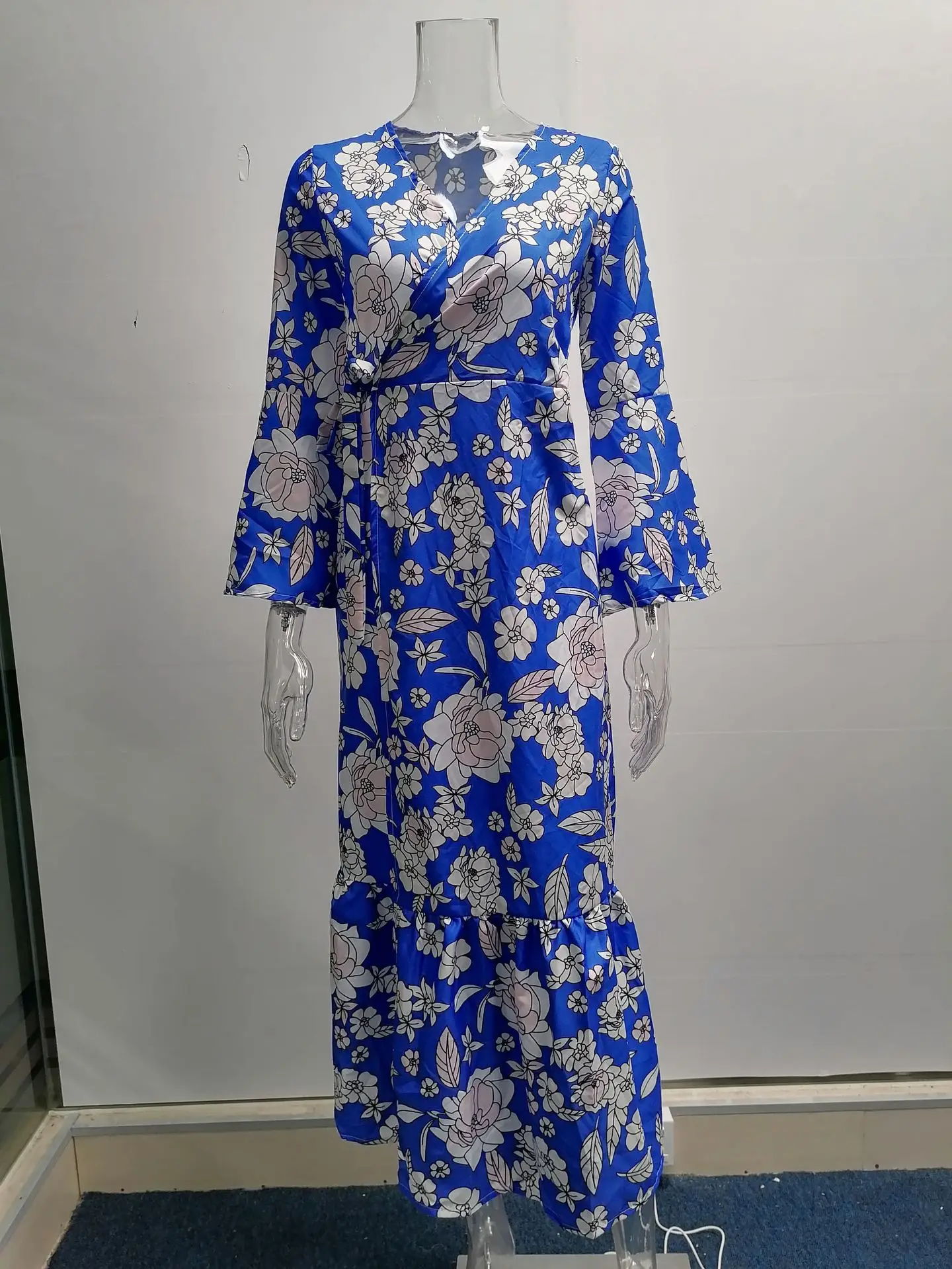 Novo outono inverno manga comprida amarrado com decote em v suspender costura impresso elegante e confortável vestido de fenda para mulher - Imagem 17