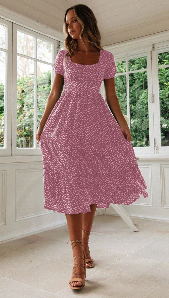 Verão feminino praia doce vestidos vintage impressão puff manga casual gola quadrada floral feminino maxi vestido longo - Imagem 12