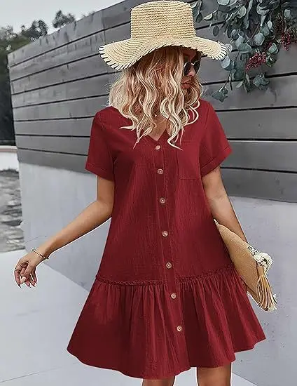Casual algodão linho verão mini vestido para mulheres com decote em v babados manga curta vestido curto senhoras moda vestidos de botão solto - Imagem 7