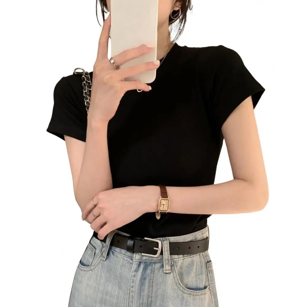 Blusa elegante de manga curta feminina, camiseta feminina slim fit elegante, pulôver macio com o pescoço, streetwear monocromático, top elástico - Imagem 7
