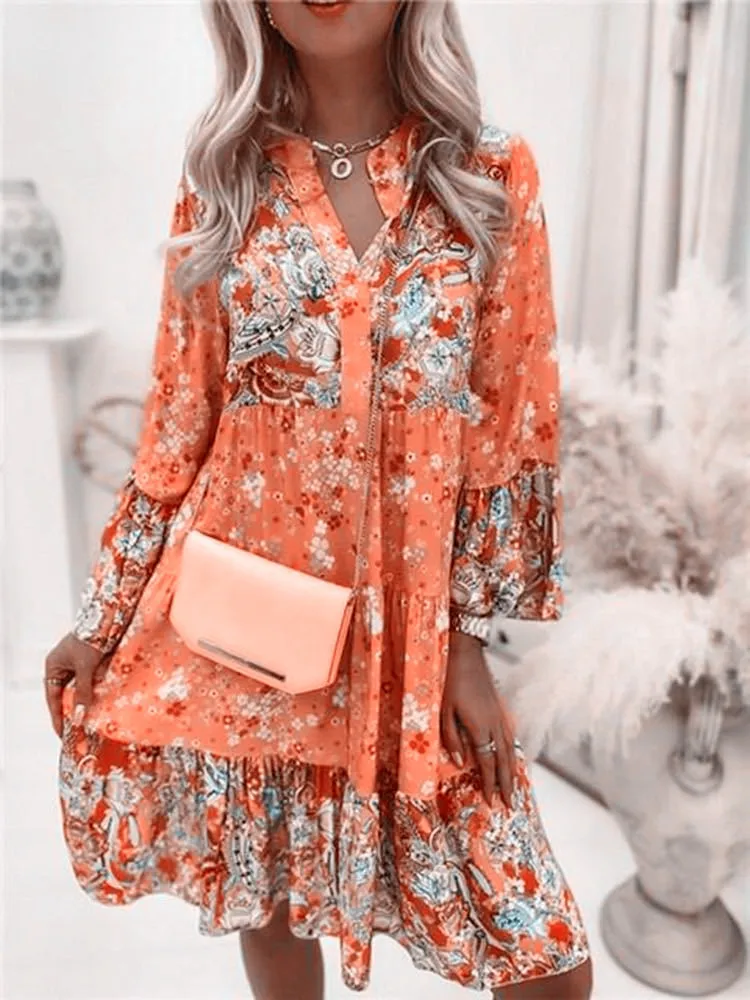 Casual floral impressão vestidos para as mulheres 2024 sping verão boho v pescoço solto uma linha vestido elegante praia vestido de festa robe femme - Imagem 15