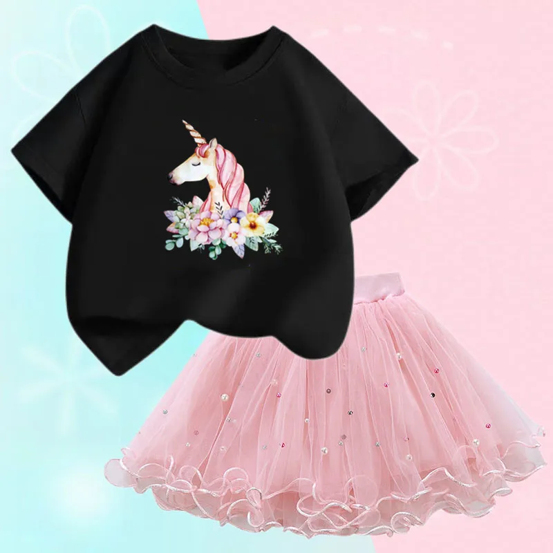 Conjunto de duas peças feminino, saia de malha tutu e camiseta, roupa de festa infantil, bonita coreana, moda verão, 3-14 anos - Imagem 35