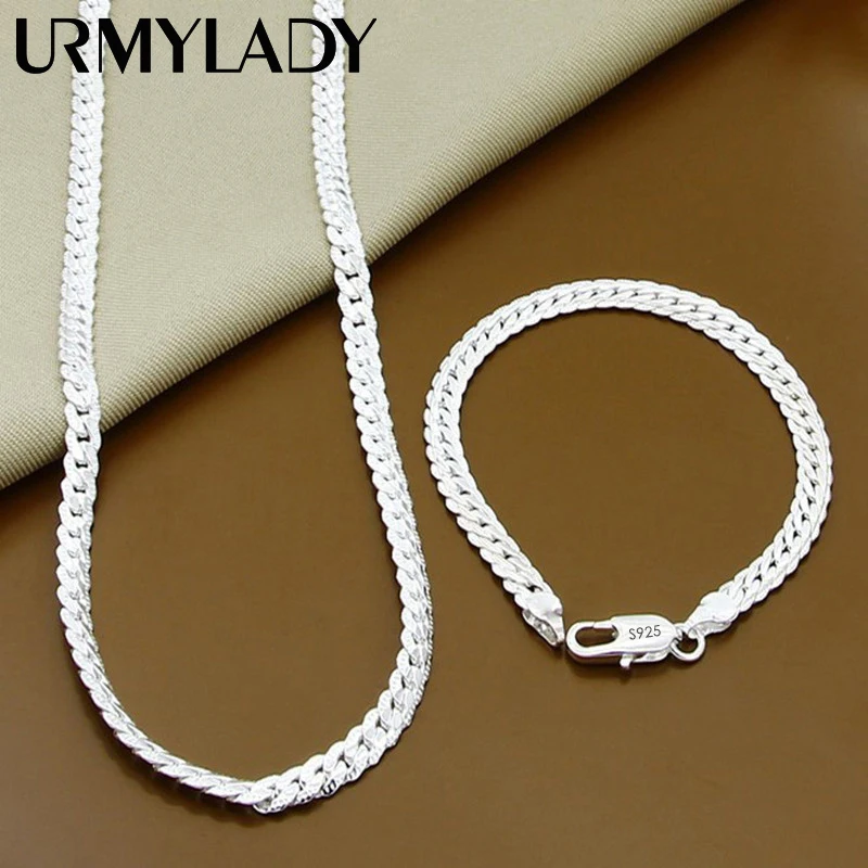 Urmylady 925 prata esterlina 2 peças 6mm corrente lateral completa colar pulseira para mulheres homens moda conjuntos de jóias presente de casamento