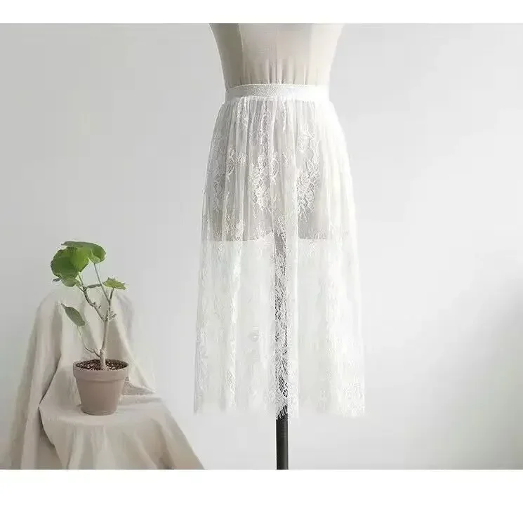 2 comprimento elegante saia preta renda branca transparente longa saia de tule senhoras elástica cintura alta praia midi saia transporte da gota - Imagem 8