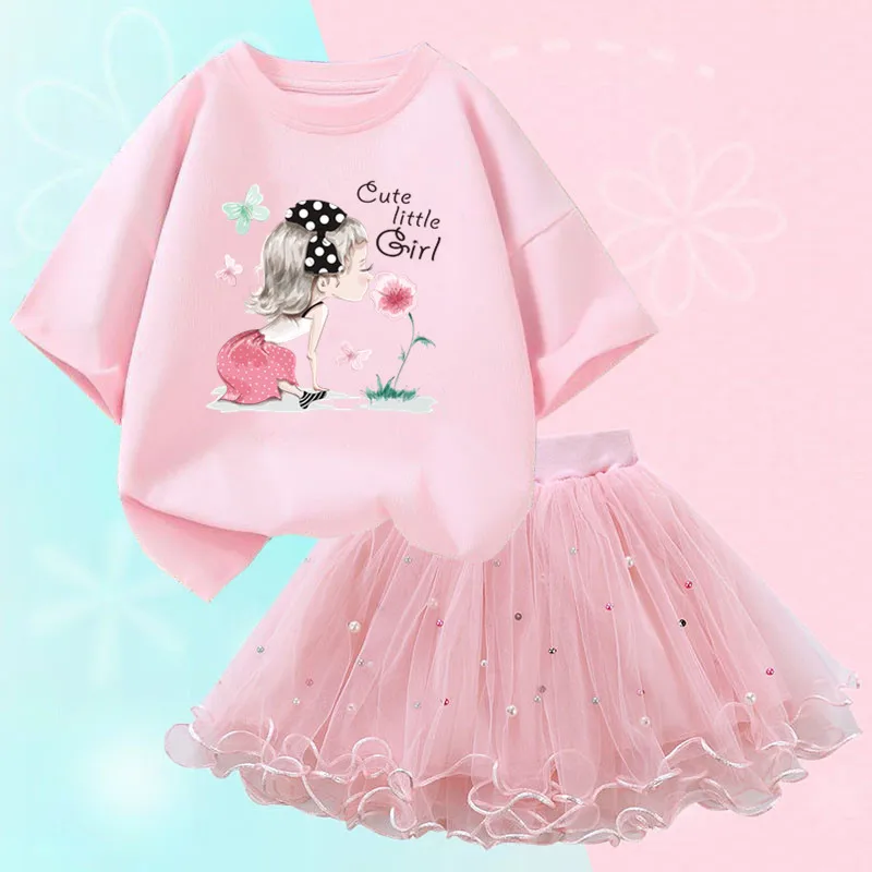 Conjunto de duas peças feminino, saia de malha tutu e camiseta, roupa de festa infantil, bonita coreana, moda verão, 3-14 anos - Imagem 15
