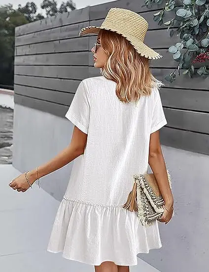 Casual algodão linho verão mini vestido para mulheres com decote em v babados manga curta vestido curto senhoras moda vestidos de botão solto - Imagem 14