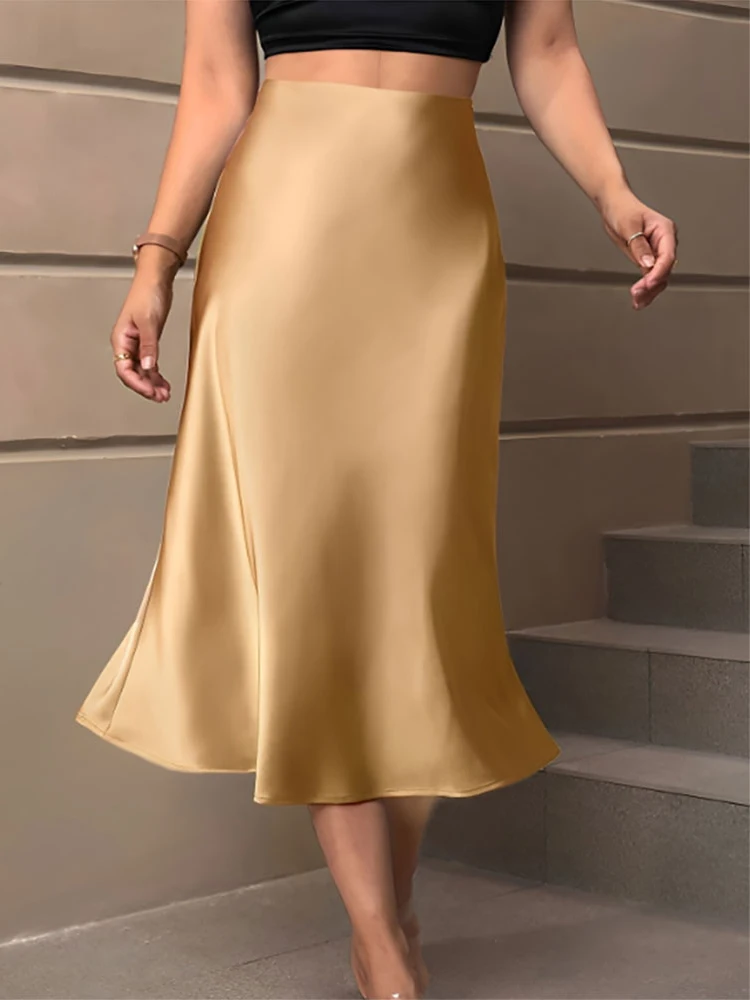 Y. KUKU saia midi feminina novo cetim brilhante saias de cintura alta marca casual moda vintage verão chique feminino faldas saia - Imagem 7