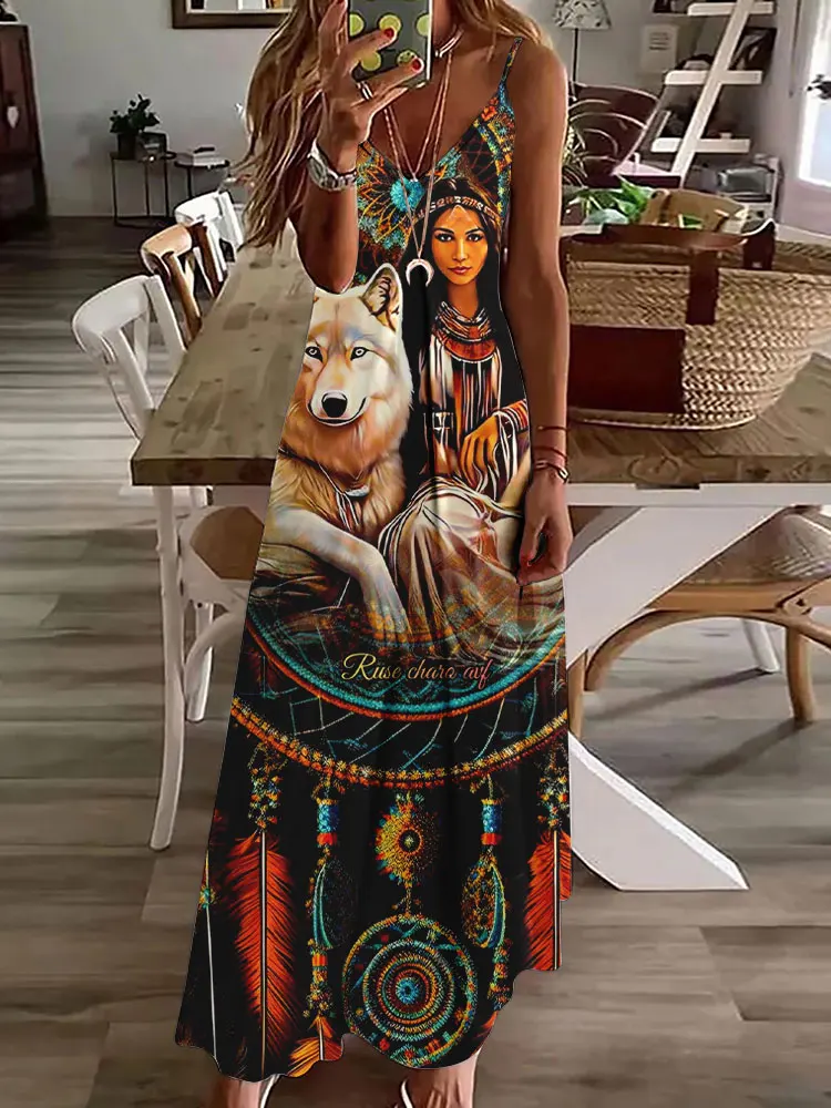 2024 novo vestido de estampa vintage de coruja 3D, sem mangas, longo, feminino, padrão tribal, pulseira de espaguete, verão, vestido longo e solto - Imagem 7