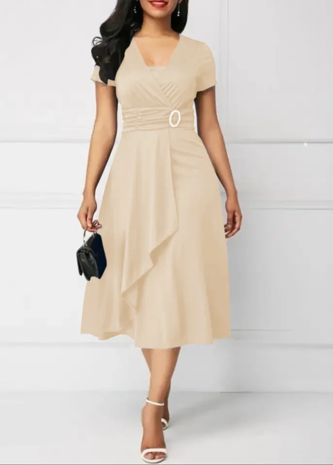 Vestidos de verão elegantes femininos cor sólida manga curta com decote em v assimétrico bainha cintura apertada midi vestido de festa senhoras vestidos de noite - Imagem 30