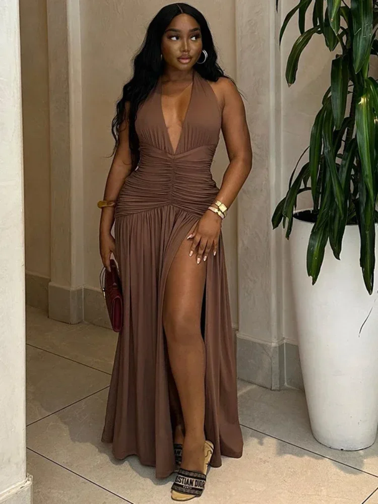 Laxsesu profundo decote em v halter vestido mulher verão babados splits sem costas elegante retalhos sólido festa coquette sexy vestidos - Imagem 7