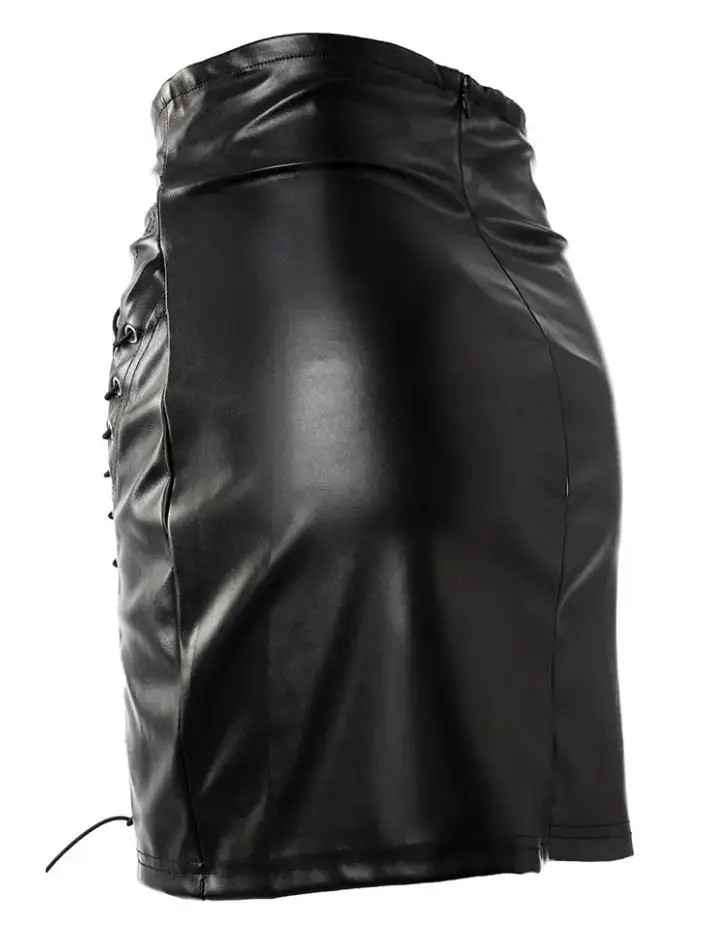 Saia de couro sexy feminina 2024 verão nova cintura alta couro do plutônio malha rendas até saia curta envoltório apertado hip meia mini saia curta - Imagem 8