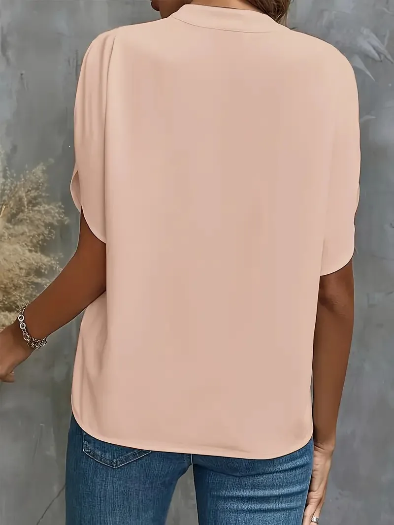 Verão elegante blusa feminina novo decote em v manga curta cor sólida camisa solta casual branco topos senhora do escritório blusas - Imagem 13