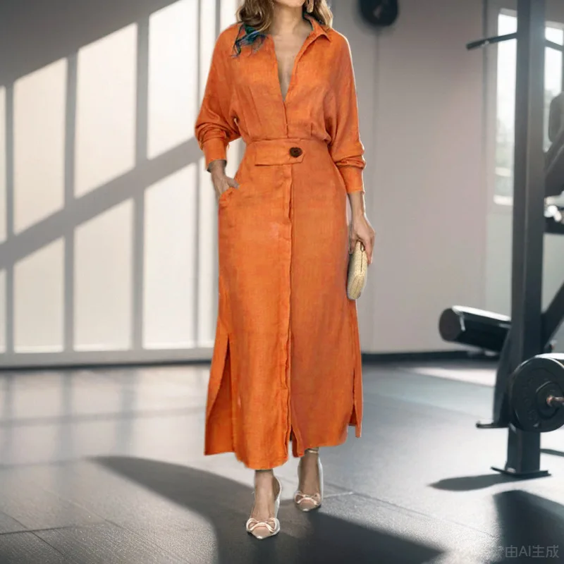 Vestido feminino 2024 outono nova moda elegante manga longa lazer tempo cor sólida decote em v sexy senhoras camisa vestidos mschuh S-3XL - Imagem 5