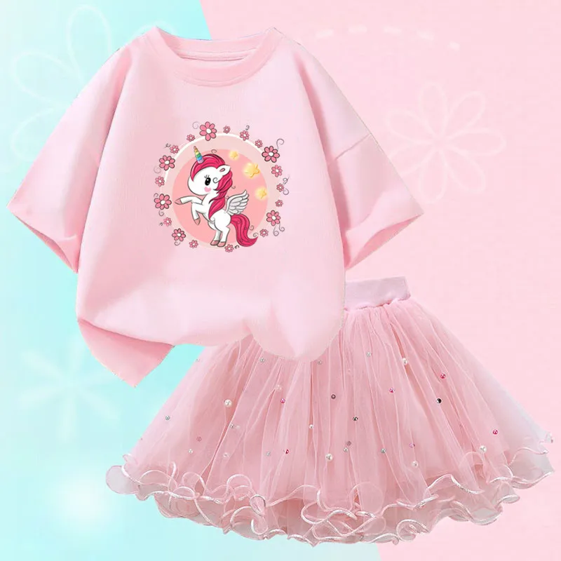 Conjunto de duas peças feminino, saia de malha tutu e camiseta, roupa de festa infantil, bonita coreana, moda verão, 3-14 anos - Imagem 19