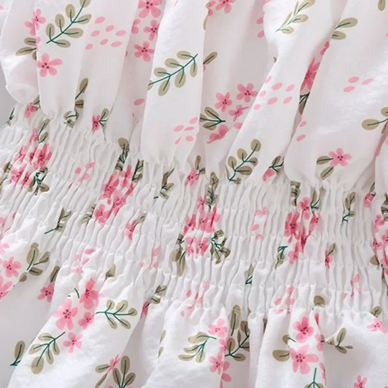 Doce flor quebrada Slash Neck Blusa para mulheres, Agaric Edge Plissado Design, cintura elástica fina Cropped Top, camiseta de chiffon bonito, verão - Imagem 4