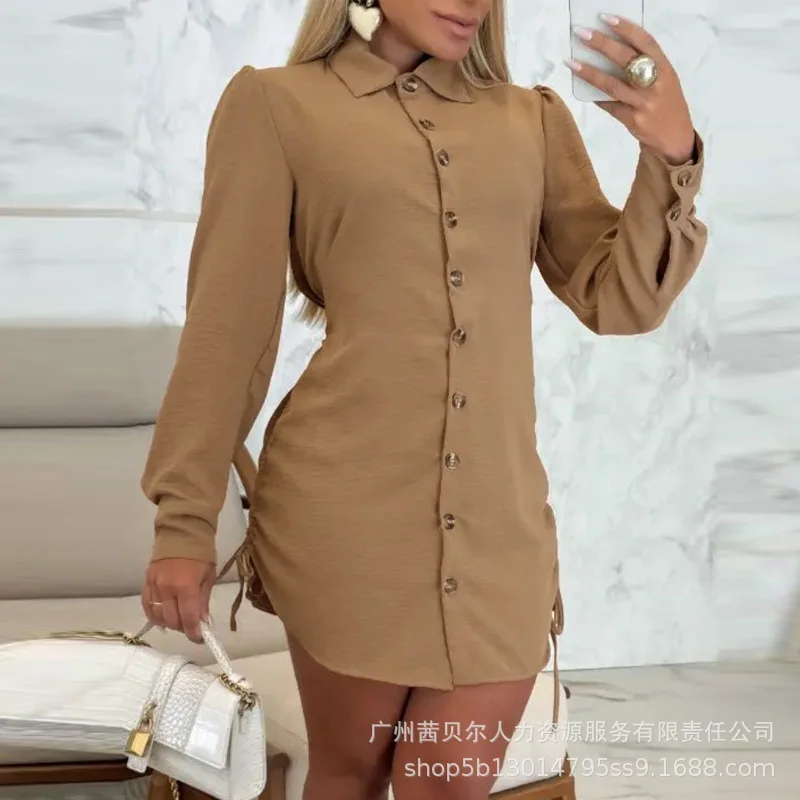 Mulheres xadrez manga longa lado plissado camisa com cordão vestido moda casual único breasted mini vestido camisas - Imagem 8