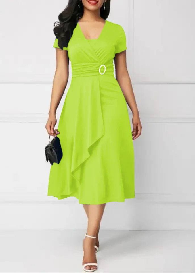 Vestidos de verão elegantes femininos cor sólida manga curta com decote em v assimétrico bainha cintura apertada midi vestido de festa senhoras vestidos de noite - Imagem 22