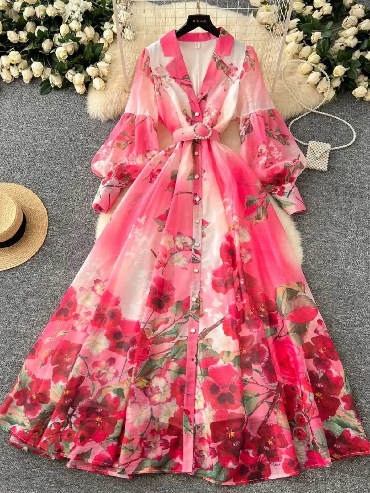 Palácio floral maxi vestido feminino verão férias vestidos longos camisa 2025 primavera manga cheia único breasted pérolas festa vestidos - Imagem 2