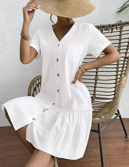 Casual algodão linho verão mini vestido para mulheres com decote em v babados manga curta vestido curto senhoras moda vestidos de botão solto - Imagem 15