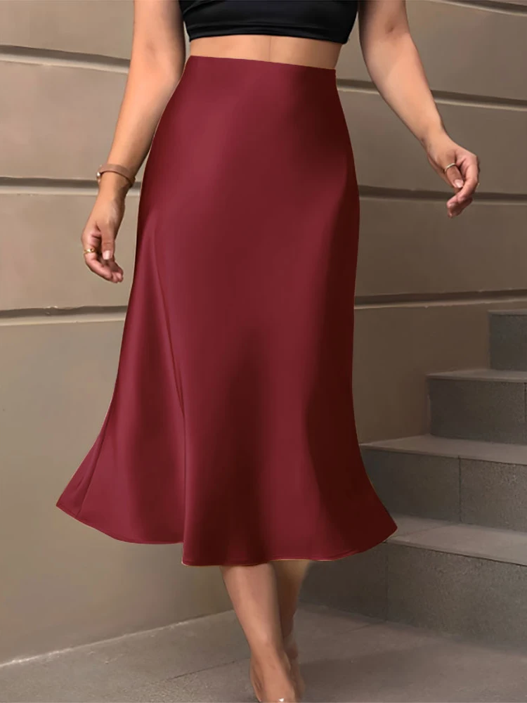 Y. KUKU saia midi feminina novo cetim brilhante saias de cintura alta marca casual moda vintage verão chique feminino faldas saia - Imagem 8