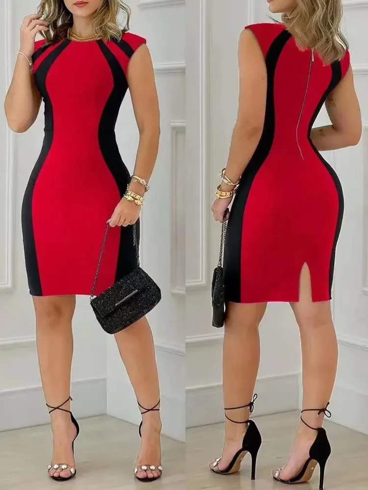 Moda feminina em torno do pescoço sem mangas bodycon zíper mini vestido novo verão colorblock volta dividir festa senhora magro lápis vestidos - Imagem 9