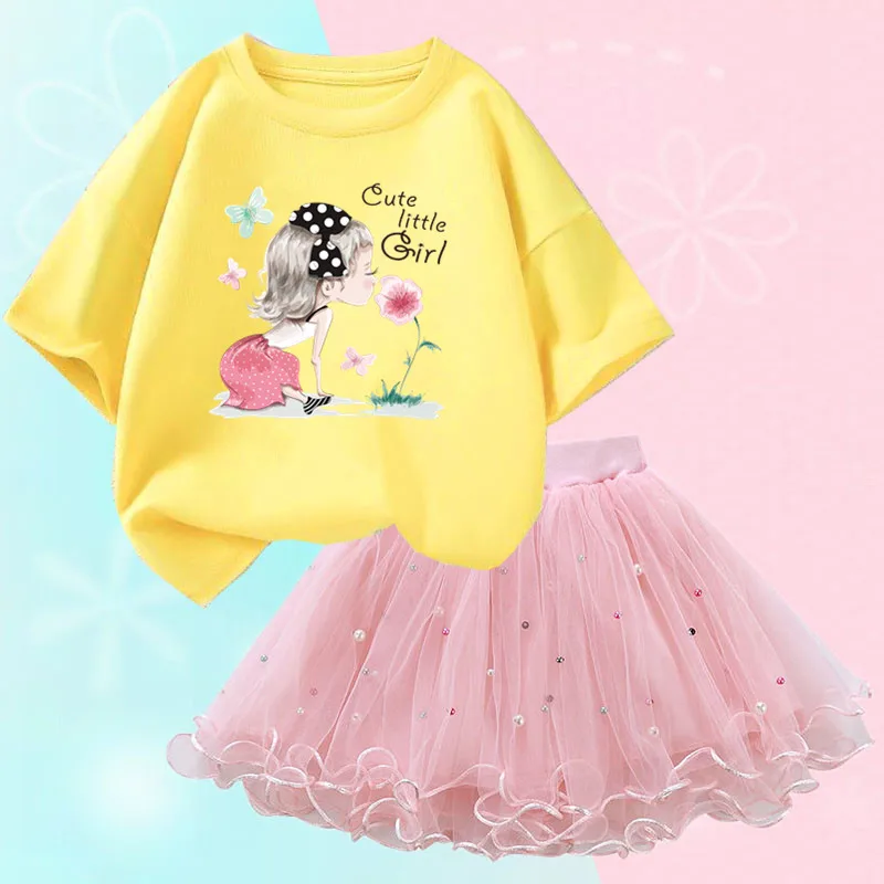 Conjunto de duas peças feminino, saia de malha tutu e camiseta, roupa de festa infantil, bonita coreana, moda verão, 3-14 anos - Imagem 28