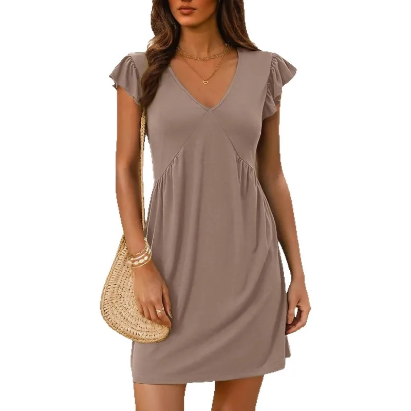 Feminino elegante manga voadora com decote em v mini vestido férias 2025 verão roupas femininas plissado vestidos de manga curta streetwear - Imagem 2