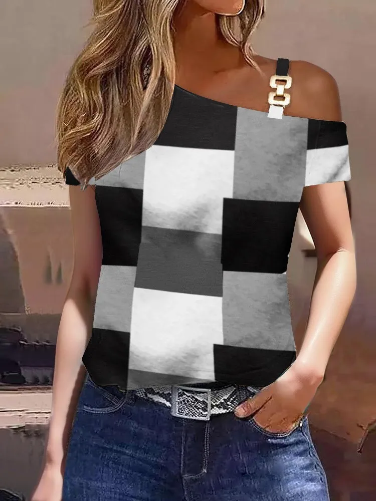Blusa Feminina Fora do Ombro, Manga Curta, Folha de Metal, Camisa Diagonal, Casual Solta, Elegante Camisas de Escritório, Moda - Imagem 5