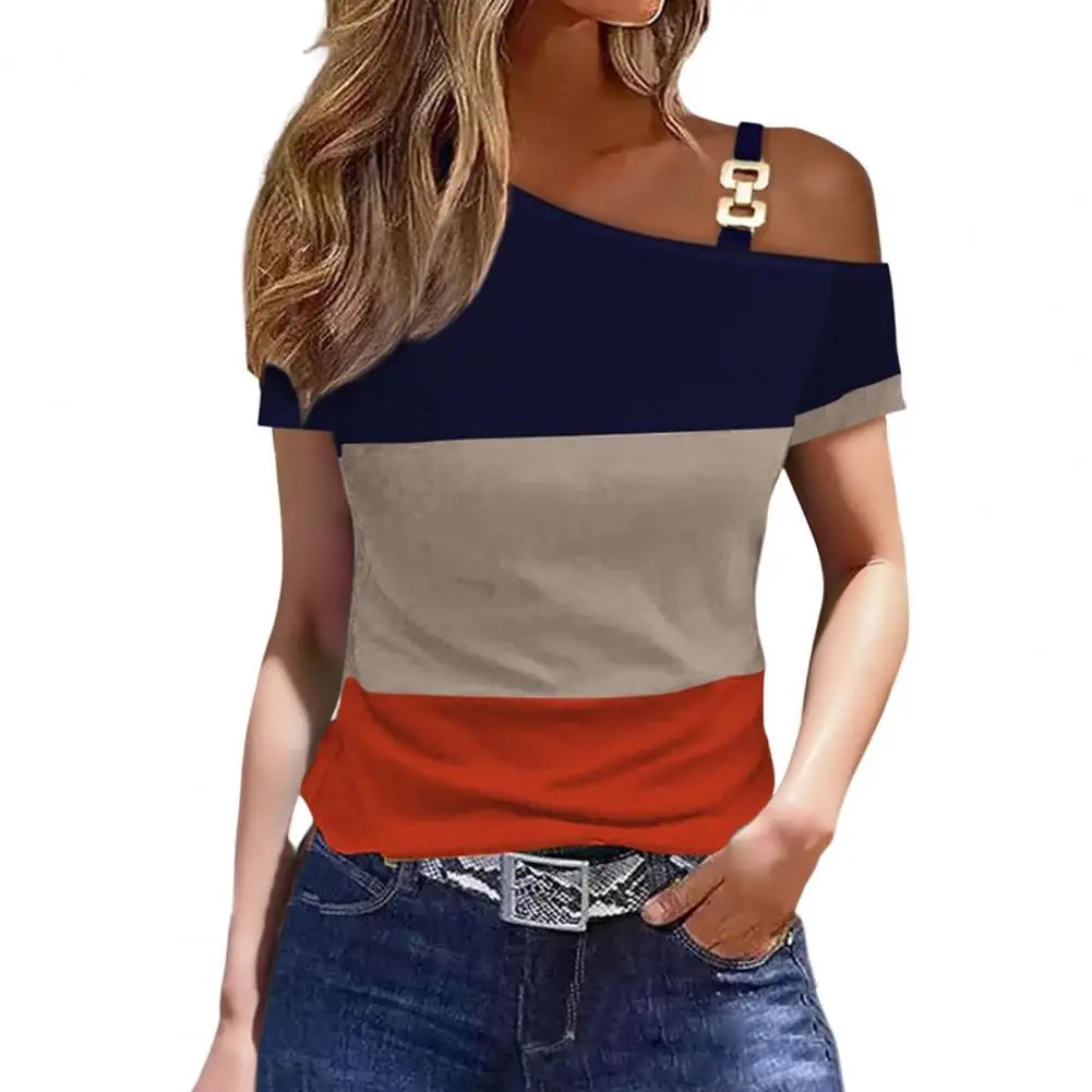 Blusa Feminina Fora do Ombro, Manga Curta, Folha de Metal, Camisa Diagonal, Casual Solta, Elegante Camisas de Escritório, Moda - Imagem 22