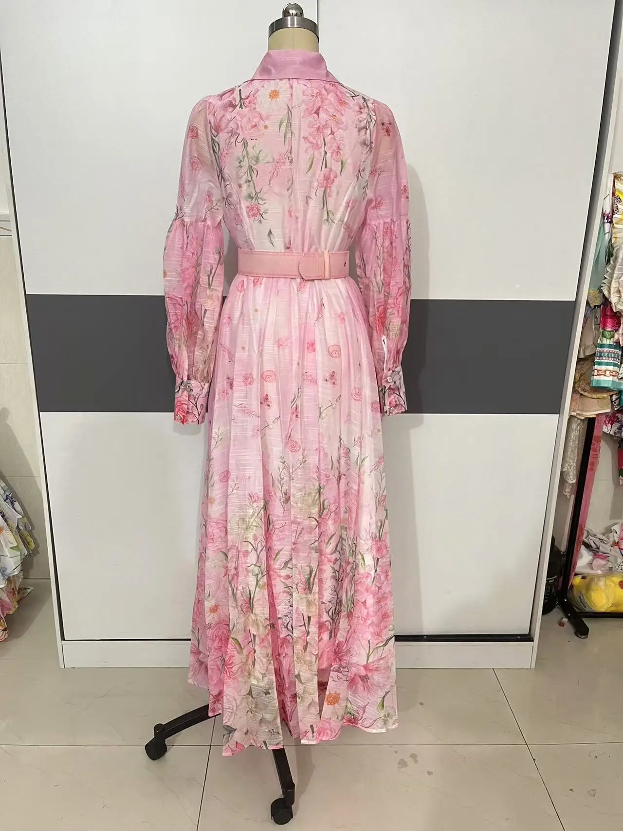 Palácio floral maxi vestido feminino verão férias vestidos longos camisa 2025 primavera manga cheia único breasted pérolas festa vestidos - Imagem 13