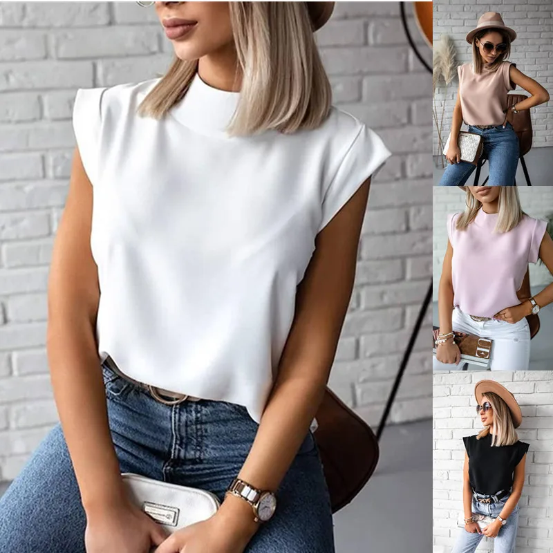 Moda o pescoço manga curta sólida mulheres topos e blusas 2023 verão casual elegante escritório senhoras topo femme blusa - Imagem 6