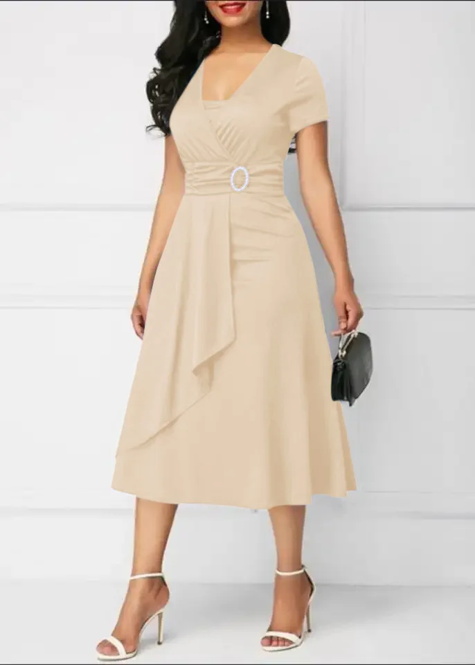 Vestidos de verão elegantes femininos cor sólida manga curta com decote em v assimétrico bainha cintura apertada midi vestido de festa senhoras vestidos de noite - Imagem 29