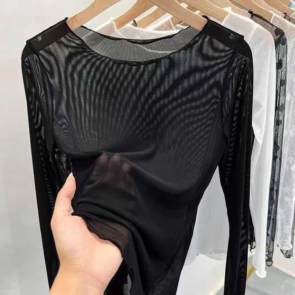 Gelo gaze inferior blusa feminina verão transparente protetor solar areia camiseta de mangas compridas perspectiva pele casaco de renda topo - Imagem 6