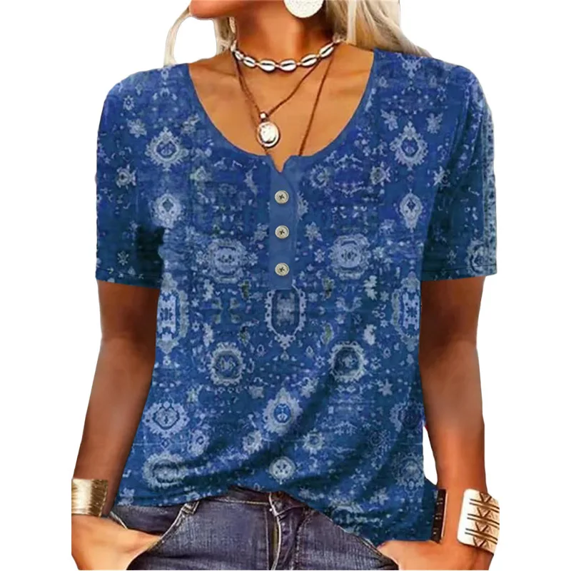 Camisas elegantes para mulheres manga curta moda estilo étnico solto retro casual botão blusas 3d flor impressão solta verão topos - Imagem 3