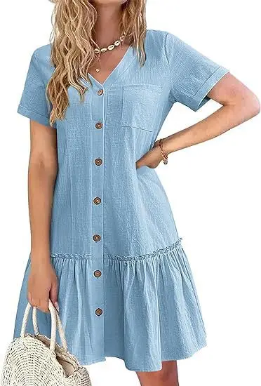 Casual algodão linho verão mini vestido para mulheres com decote em v babados manga curta vestido curto senhoras moda vestidos de botão solto - Imagem 5