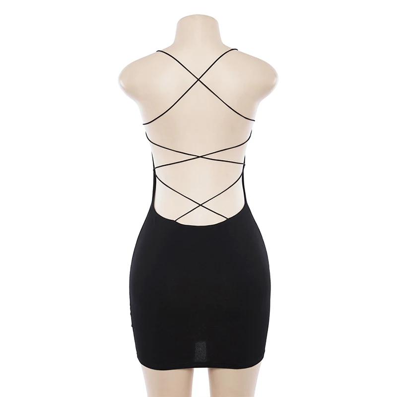 Sexy preto verão roupas femininas cor sólida sem costas cintas de espaguete boate vestido bodycon festa à noite baixo pescoço mini vestido - Imagem 30