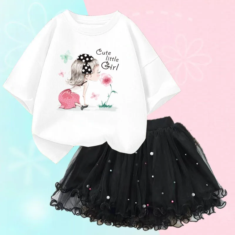 Conjunto de duas peças feminino, saia de malha tutu e camiseta, roupa de festa infantil, bonita coreana, moda verão, 3-14 anos - Imagem 12