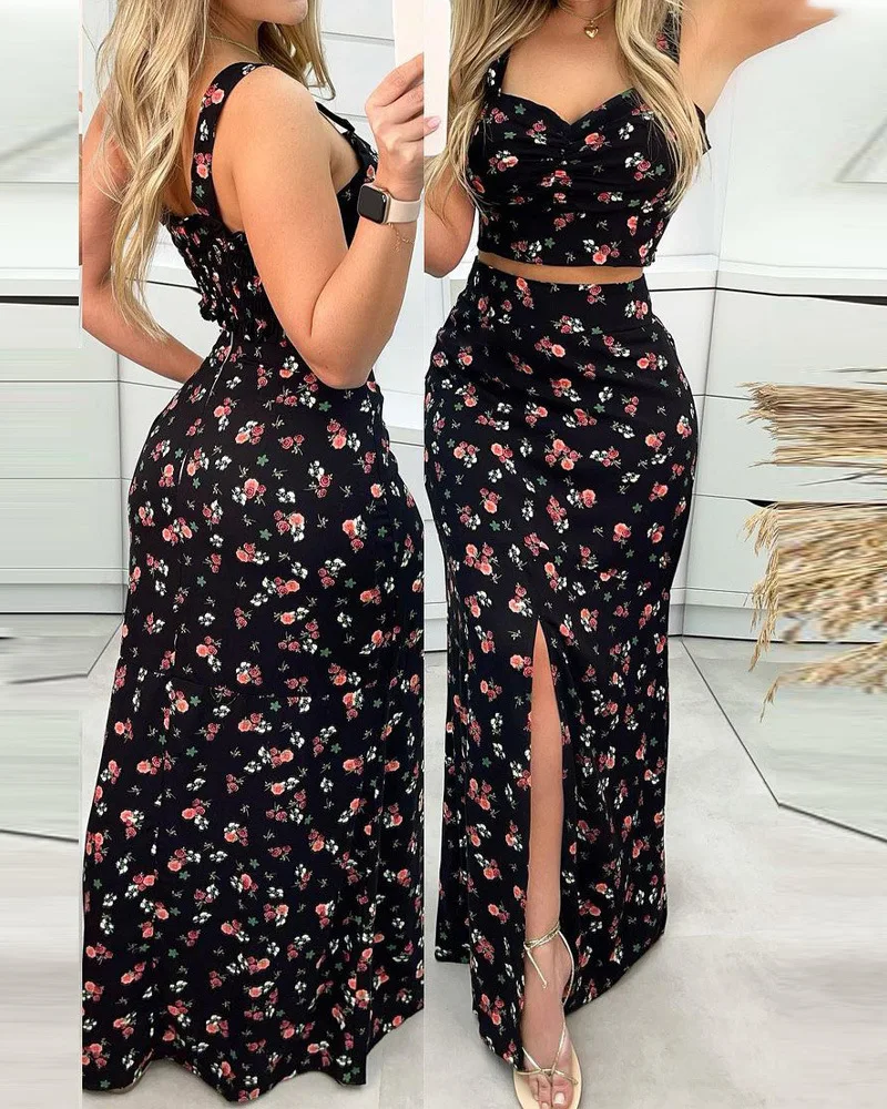 Conjunto feminino de 2 peças boho praia, saia sexy, top cropped, saia longa maxi, divisão floral estampada, cintura alta, casual, verão - Imagem 7