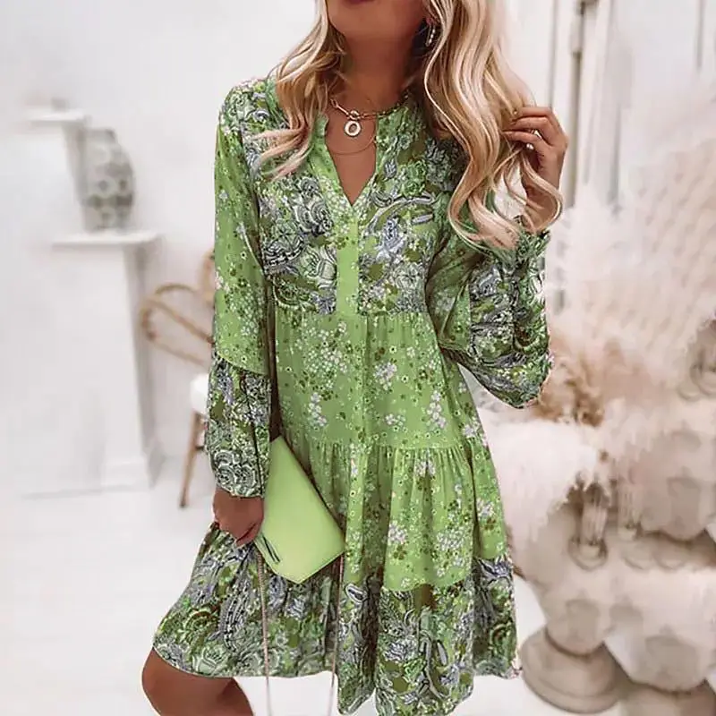 Casual floral impressão vestidos para as mulheres 2024 sping verão boho v pescoço solto uma linha vestido elegante praia vestido de festa robe femme - Imagem 2