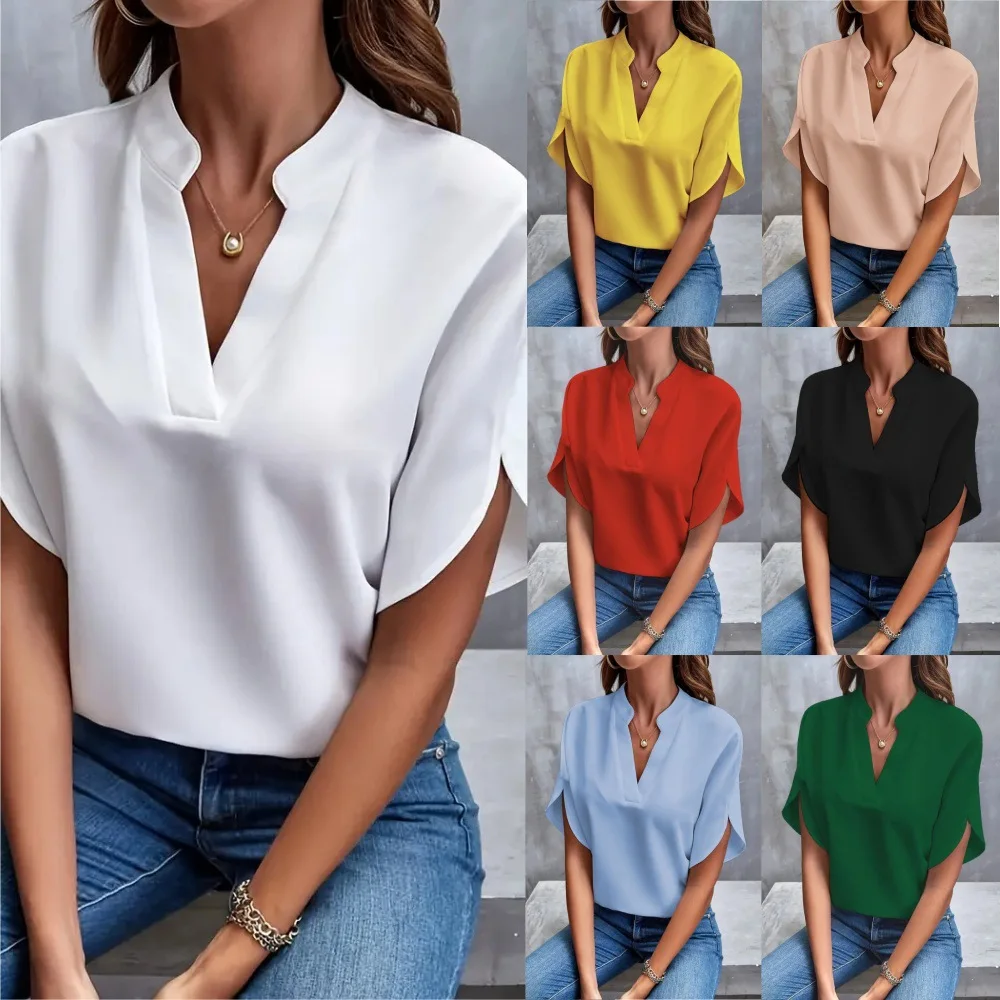 Verão elegante blusa feminina novo decote em v manga curta cor sólida camisa solta casual branco topos senhora do escritório blusas - Imagem 11