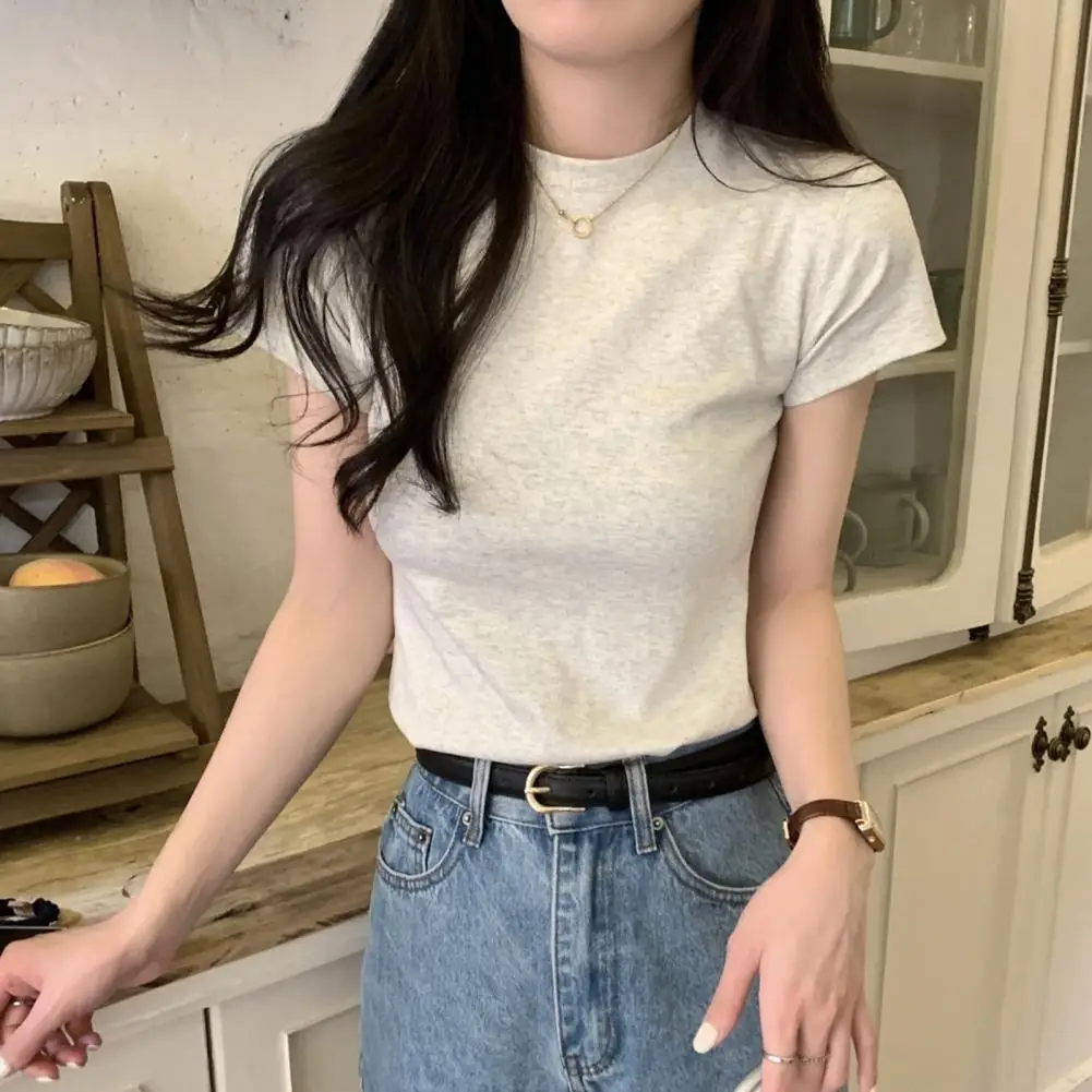Blusa elegante de manga curta feminina, camiseta feminina slim fit elegante, pulôver macio com o pescoço, streetwear monocromático, top elástico - Imagem 2