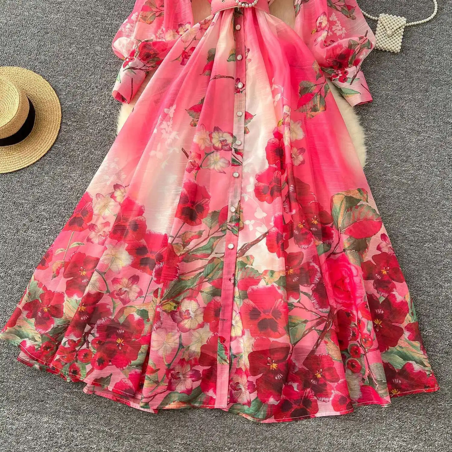 Palácio floral maxi vestido feminino verão férias vestidos longos camisa 2025 primavera manga cheia único breasted pérolas festa vestidos - Imagem 32