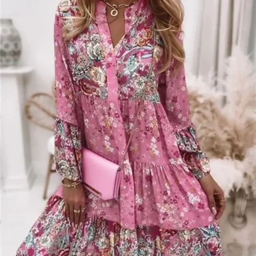 Casual floral impressão vestidos para as mulheres 2024 sping verão boho v pescoço solto uma linha vestido elegante praia vestido de festa robe femme
