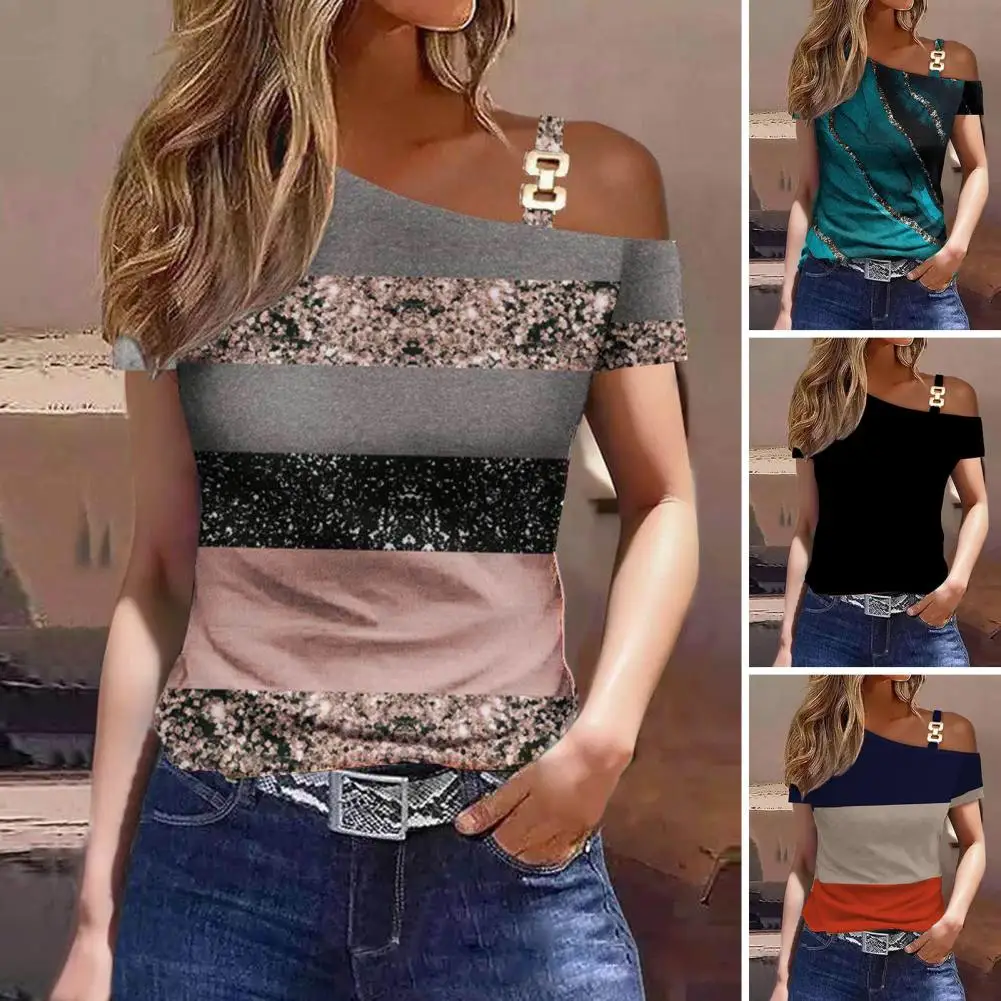 Blusa Feminina Fora do Ombro, Manga Curta, Folha de Metal, Camisa Diagonal, Casual Solta, Elegante Camisas de Escritório, Moda - Imagem 18