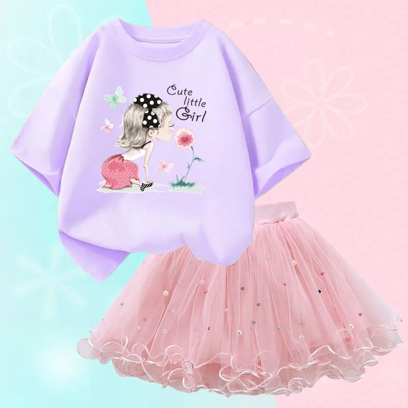 Conjunto de duas peças feminino, saia de malha tutu e camiseta, roupa de festa infantil, bonita coreana, moda verão, 3-14 anos - Imagem 10